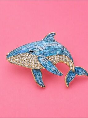 Blue Mosaic Whale Pin Brooch with Rhinestones